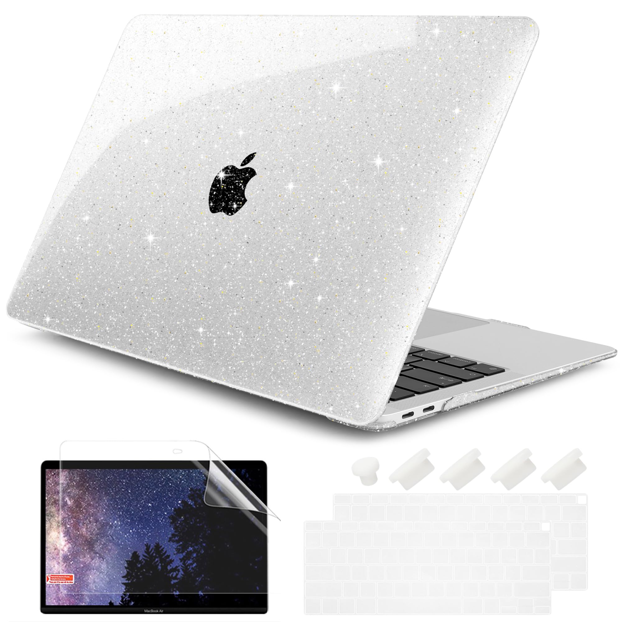 DONGKE for MacBook Air 13 inch Case 2021-2018 Release A2337 M1 A2179 A1932, Bling Plastic Hard Shell Case & Keyboard Cover Only Compatible with MacBook Air 13 inch Retina Fits Touch ID, Sparkly Clear