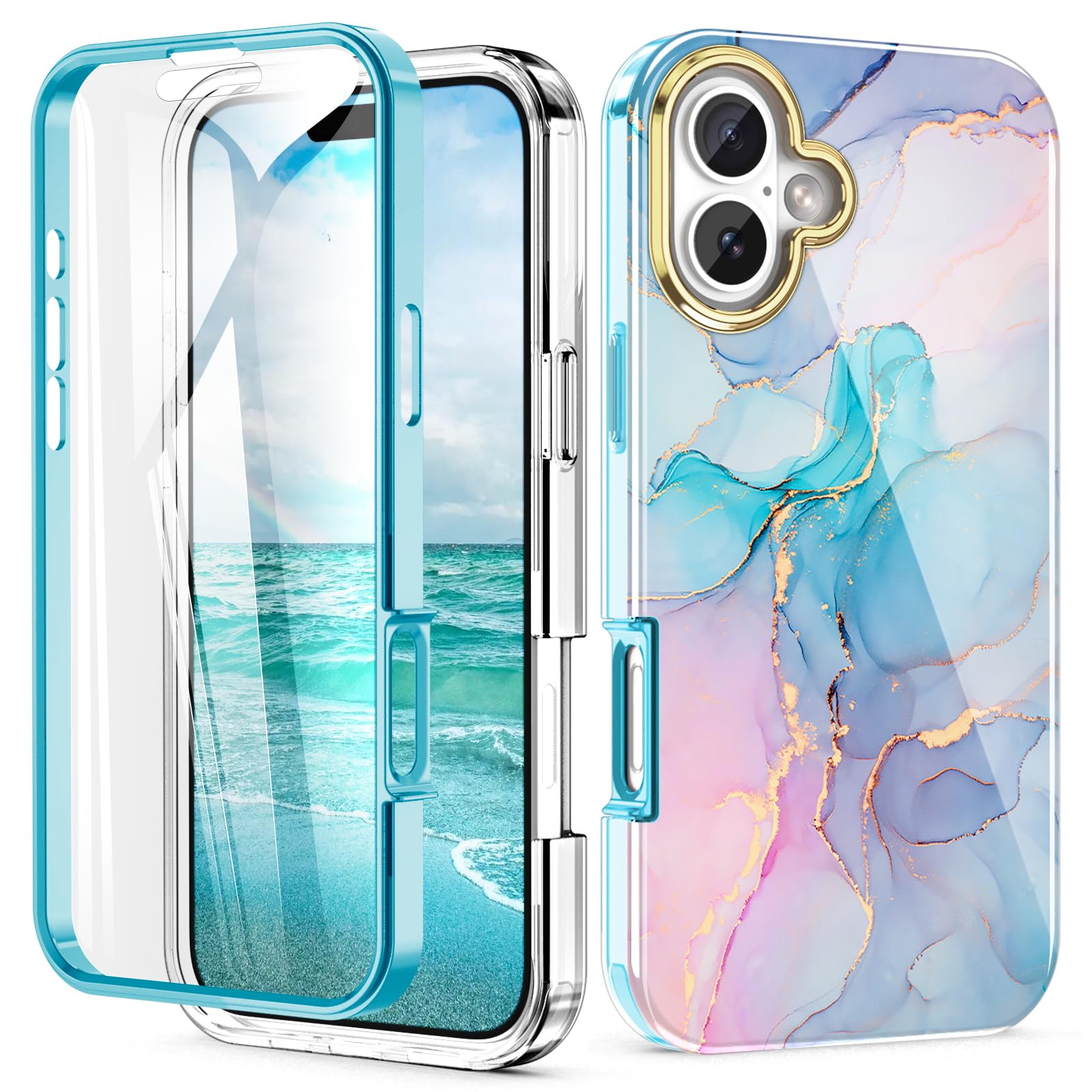 Cute Marble Case for iPhone 16 Plus 6.7 inch Built with Screen Protector, Lightweight and Stylish Full Body Shockproof Protective Rugged TPU Case for Women/Girls