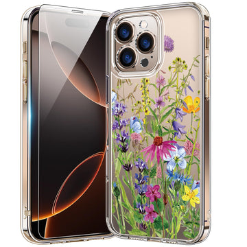 bicol for iPhone 16 Pro Max Case with Screen Protector, Enhanced Camera Protection, Crystal Clear Cover with Fashionable Designs for Girls Women, Slim Fit Protective Phone Case, Blooming Flowers