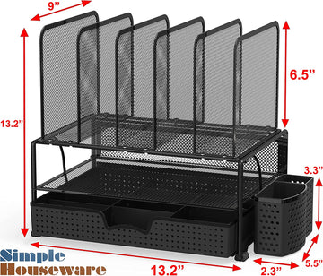 Mesh Desk Organizer with Sliding Drawer, Double Tray, and 5 Upright Sections