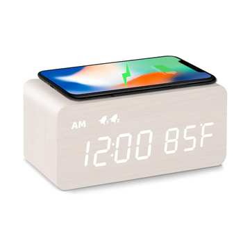 Wireless Charging Wooden Alarm Clock: Dimmer, Dual Alarm, Weekday/Weekend Mode