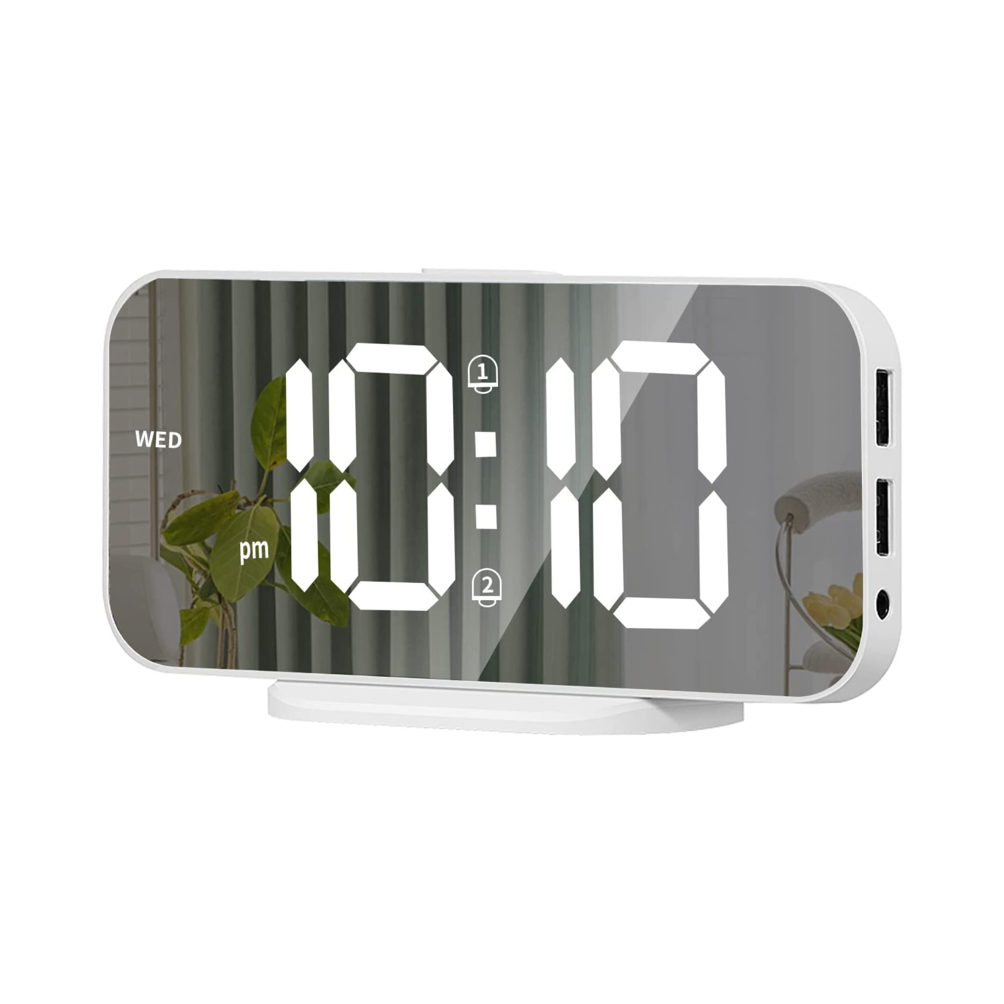 Mirror LED Dual Alarm Clock: Adjustable Brightness, Snooze, 2 USB Ports, 12/24 Hour Display