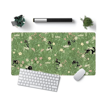 Cute Green Cat Mouse Pad XL - Plant and Cat Themed Desk Mat