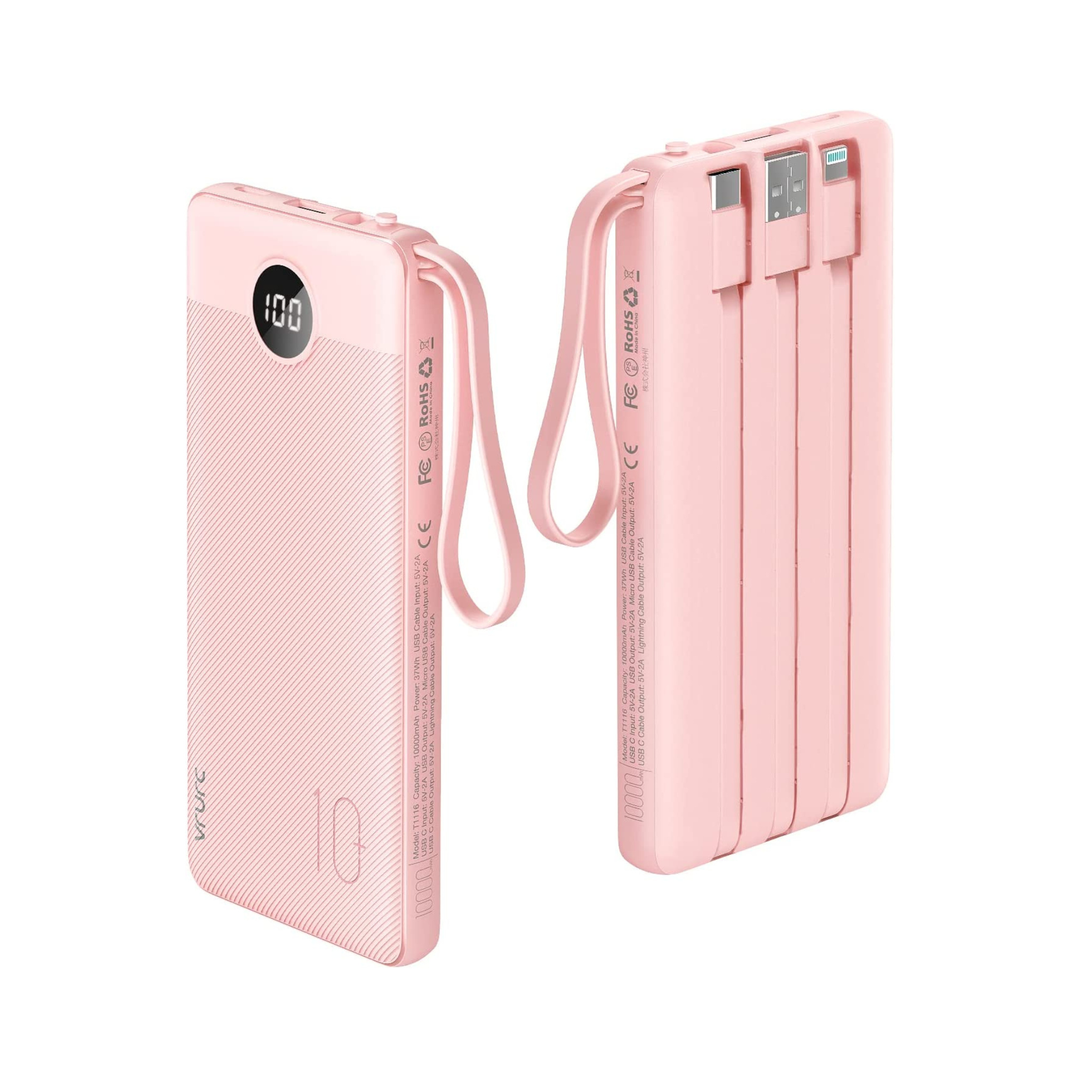 Dokutronix Portable Charger with Built in Cables 10000mAh- Pink